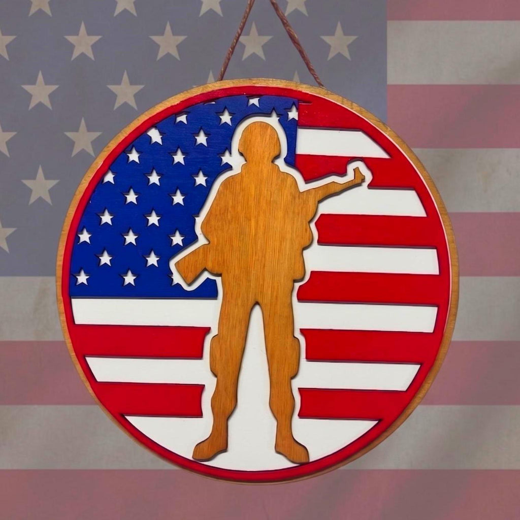 Handmade Patriotic Soldier Wood Sign – American Flag Veteran Gift Handmade Wood Decor