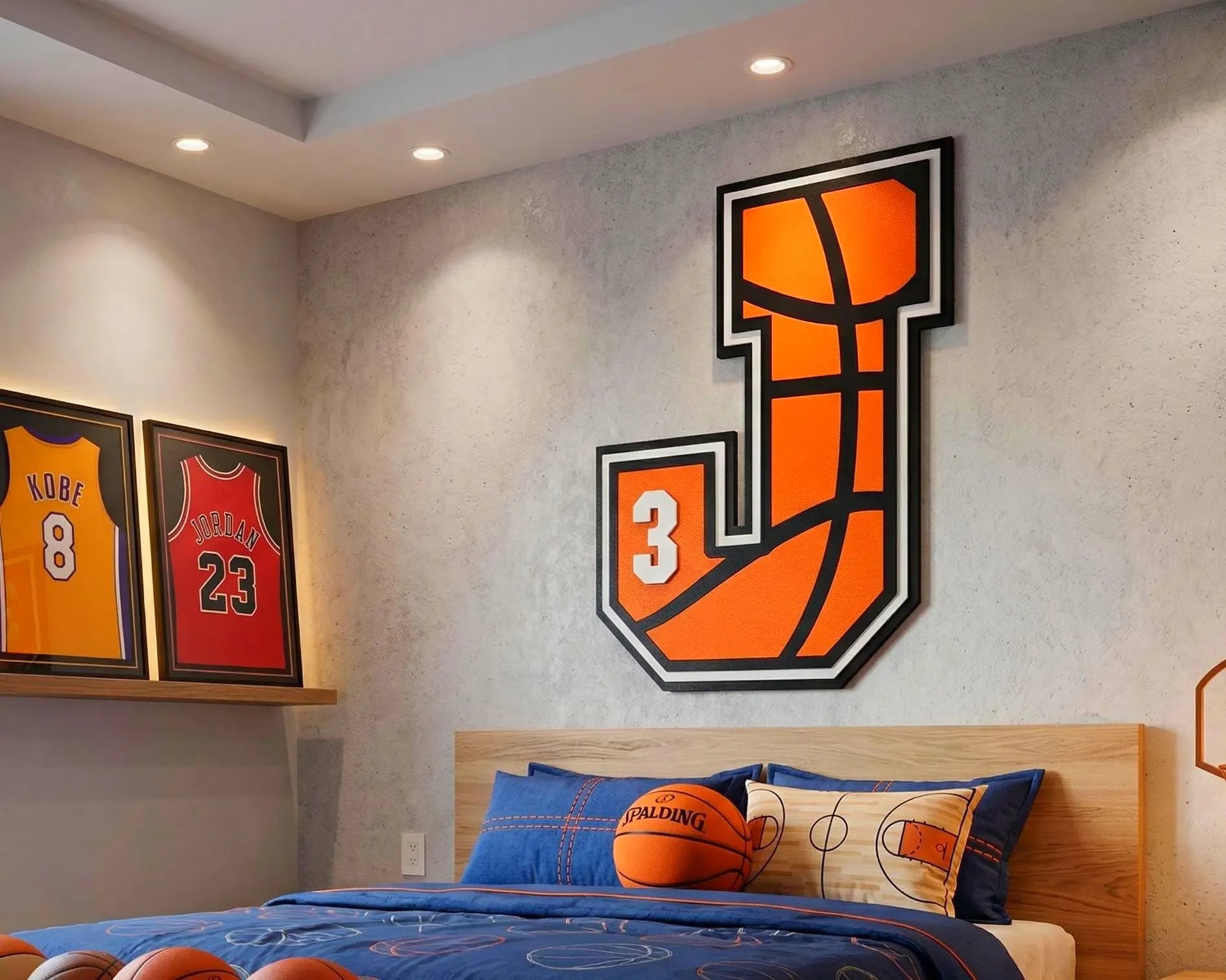 Personalized Basketball Letter Sign: Custom Jersey Letter & Number, Multiple Layer Wood Handmade 3D Wood Sign