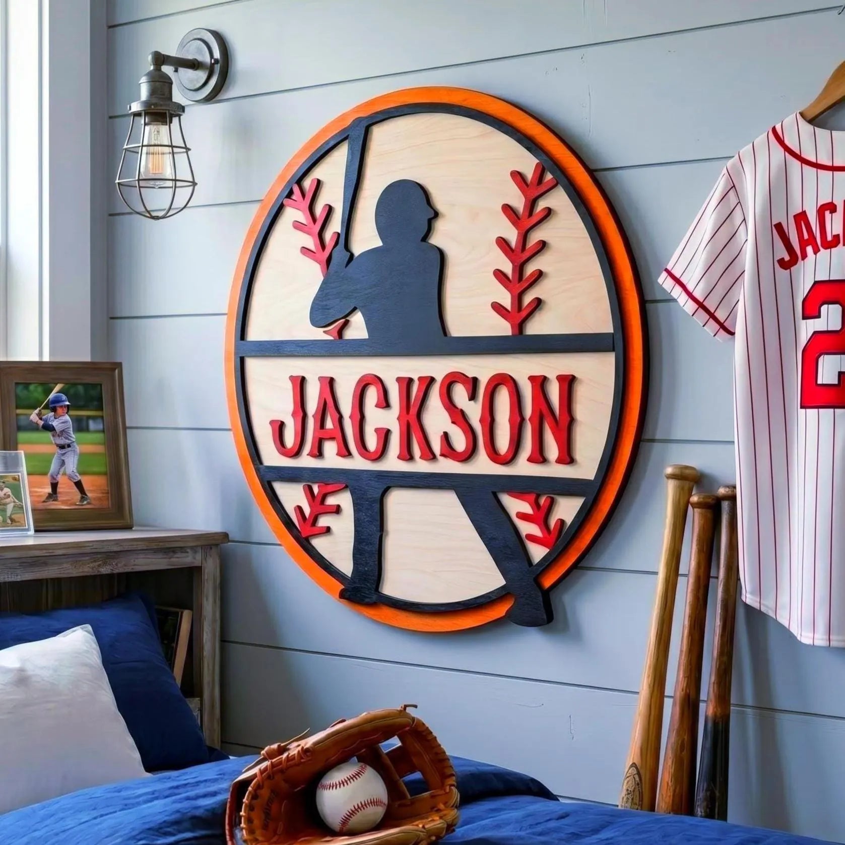 Personalized Baseball Name Sign – Layered Wood Player Silhouette, Sports Decor Handmade 3D Wood Sign