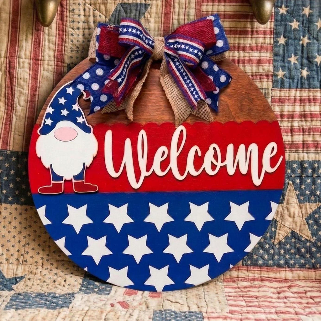 Patriotic Gnome Welcome Sign: 4th of July Front Door Decor Handmade Wood Door Hanger