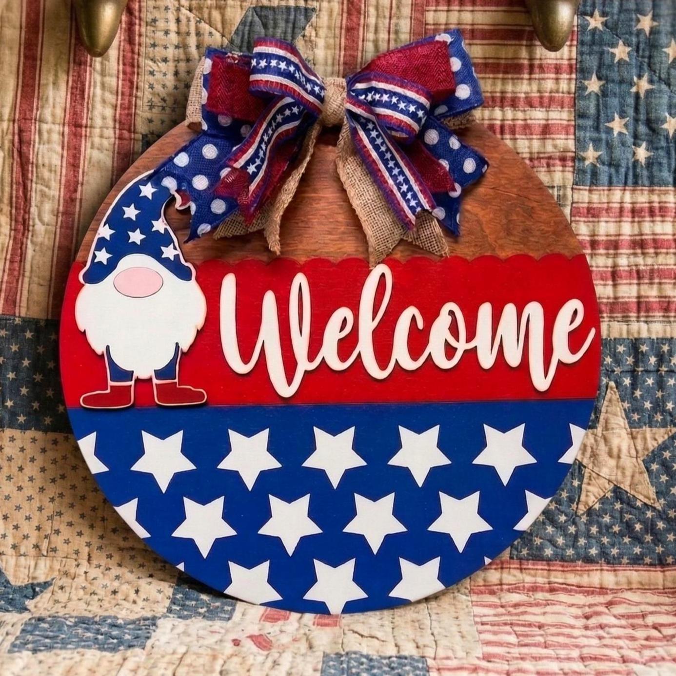 Patriotic Gnome Welcome Sign: 4th of July Front Door Decor Handmade Wood Door Hanger
