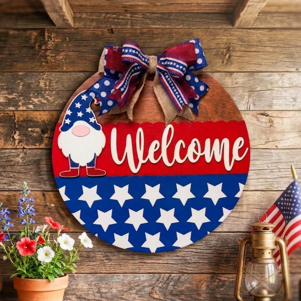 Patriotic Gnome Welcome Sign: 4th of July Front Door Decor Handmade Wood Door Hanger