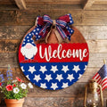 Patriotic Gnome Welcome Sign: 4th of July Front Door Decor Handmade Wood Door Hanger