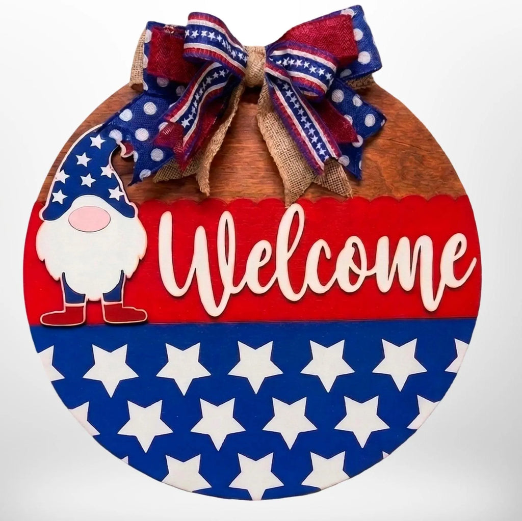 Patriotic Gnome Welcome Sign: 4th of July Front Door Decor Handmade Wood Door Hanger