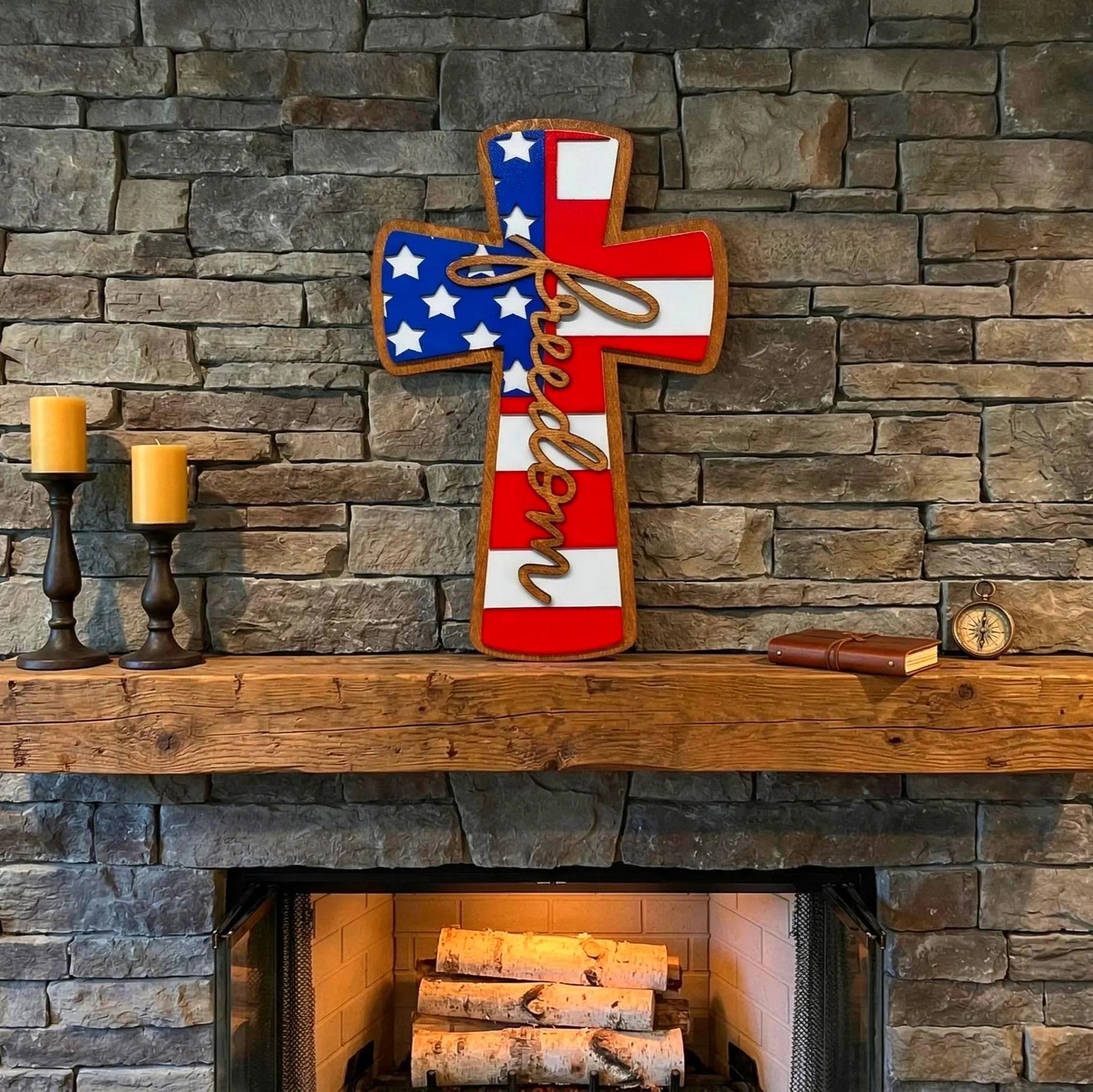 Patriotic Wooden Cross Sign: American Flag, Freedom Wall Decor Handmade 3D Wood Sign