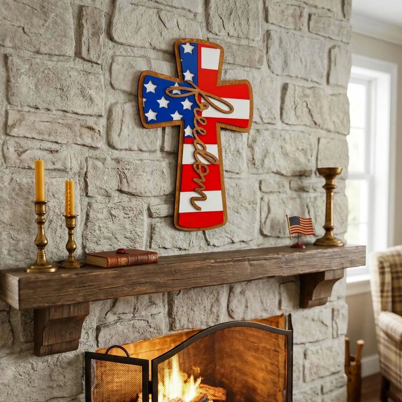 Patriotic Wooden Cross Sign: American Flag, Freedom Wall Decor Handmade 3D Wood Sign