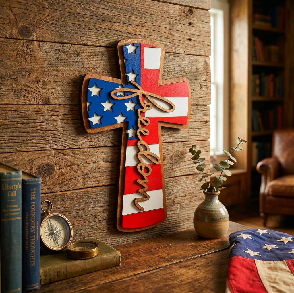 Patriotic Wooden Cross Sign: American Flag, Freedom Wall Decor Handmade 3D Wood Sign