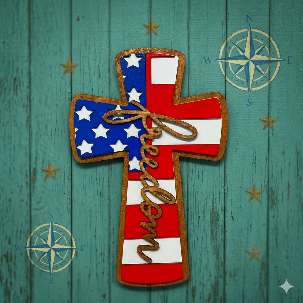 Patriotic Wooden Cross Sign: American Flag, Freedom Wall Decor Handmade 3D Wood Sign