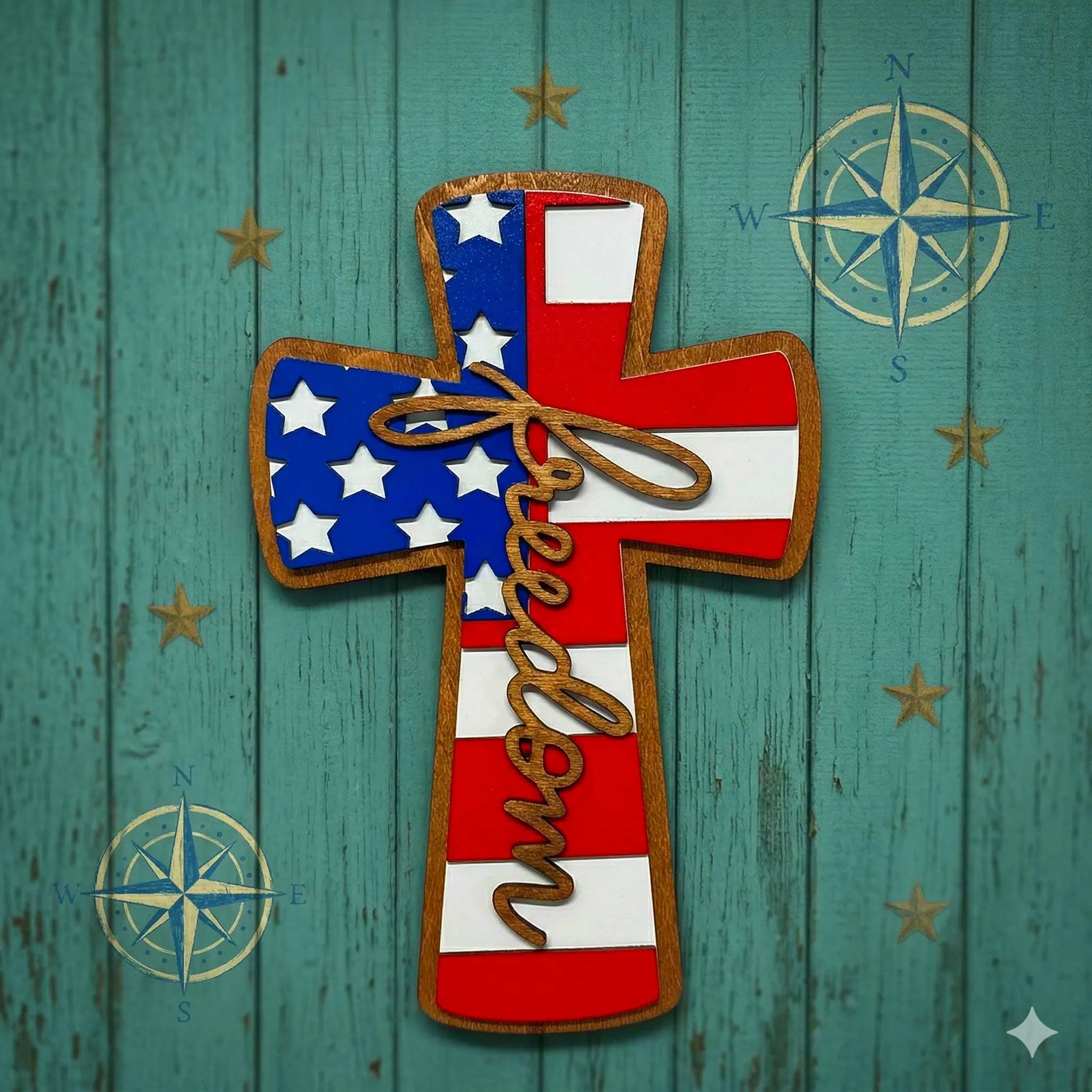 Patriotic Wooden Cross Sign: American Flag, Freedom Wall Decor Handmade 3D Wood Sign