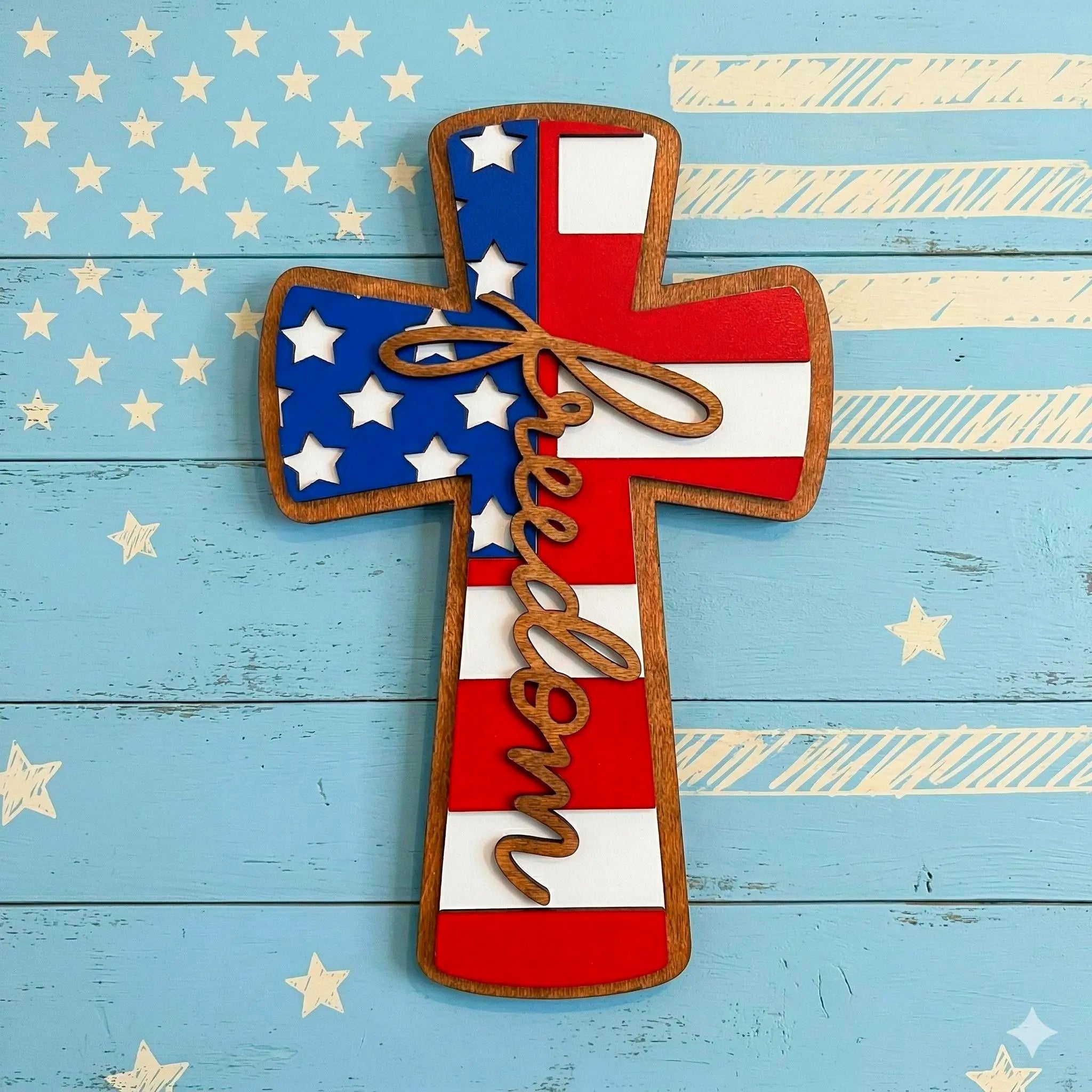 Patriotic Wooden Cross Sign: American Flag, Freedom Wall Decor Handmade 3D Wood Sign