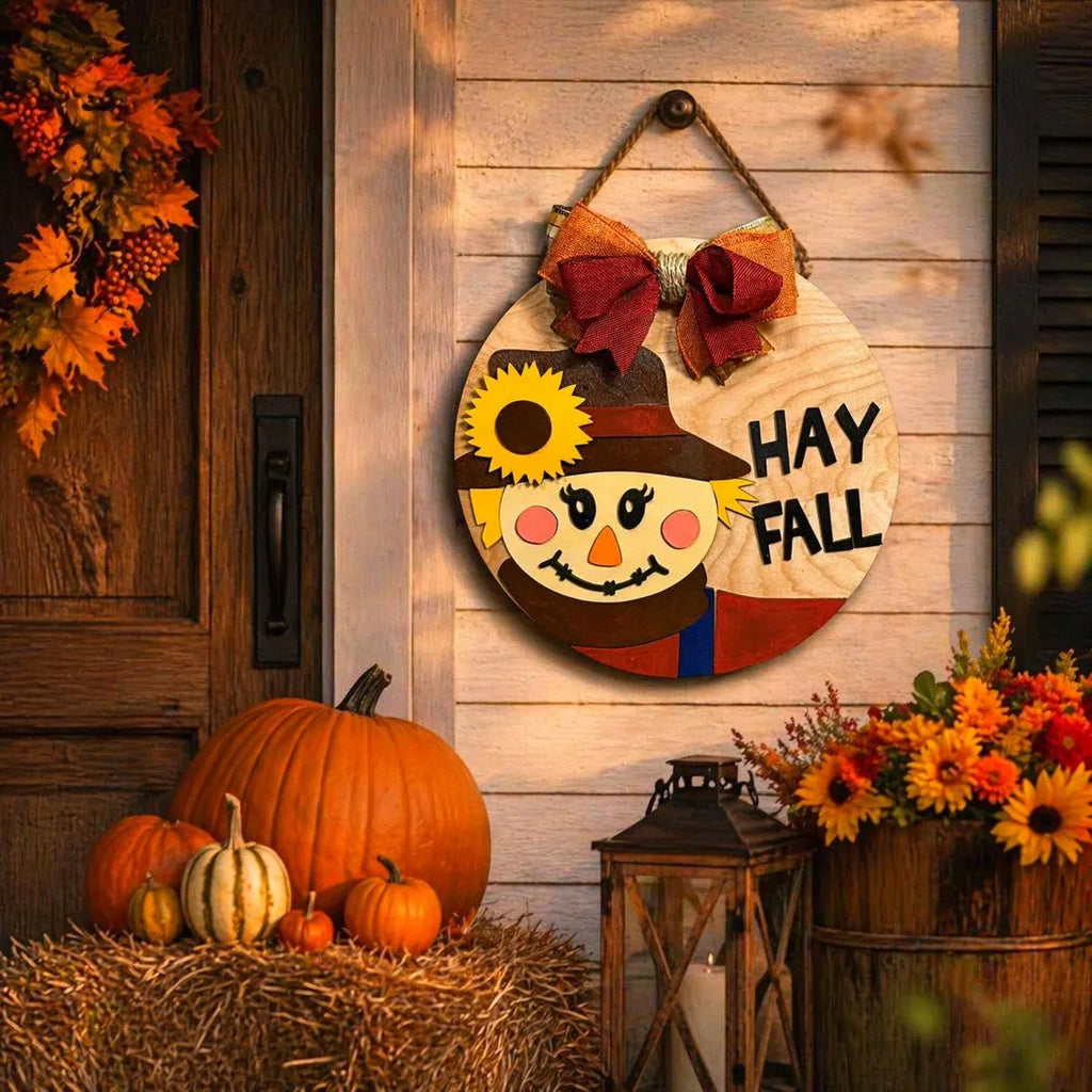 🍂 Hay Fall Scarecrow Wooden Sign – Layered Seasonal Door Hanger Seasonal Door Hanger