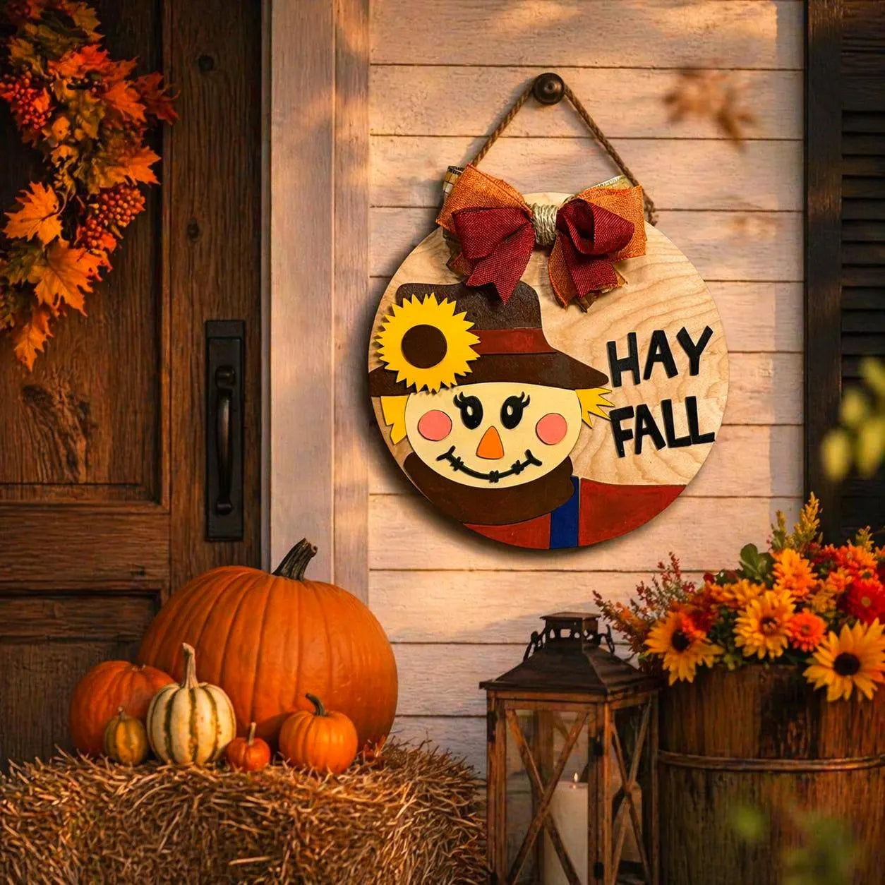 🍂 Hay Fall Scarecrow Wooden Sign – Layered Seasonal Door Hanger Seasonal Door Hanger