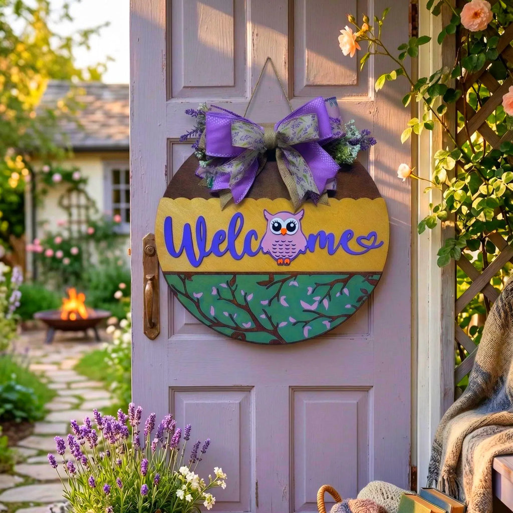 Wooden Owl Welcome Sign | Layered Door Hanger | Handmade Front Door Decor Handmade Wood Door Hanger