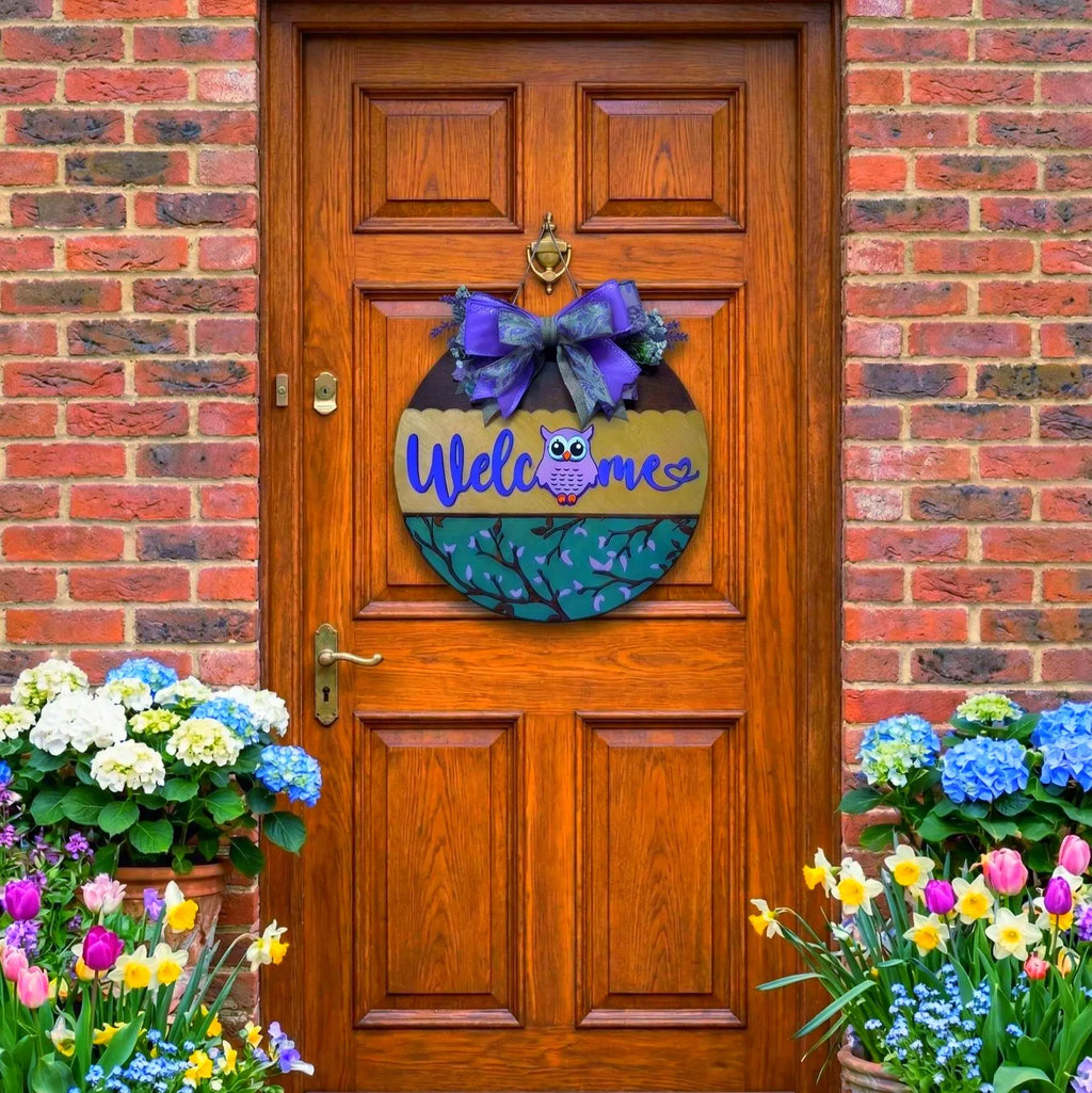 Wooden Owl Welcome Sign | Layered Door Hanger | Handmade Front Door Decor Handmade Wood Door Hanger