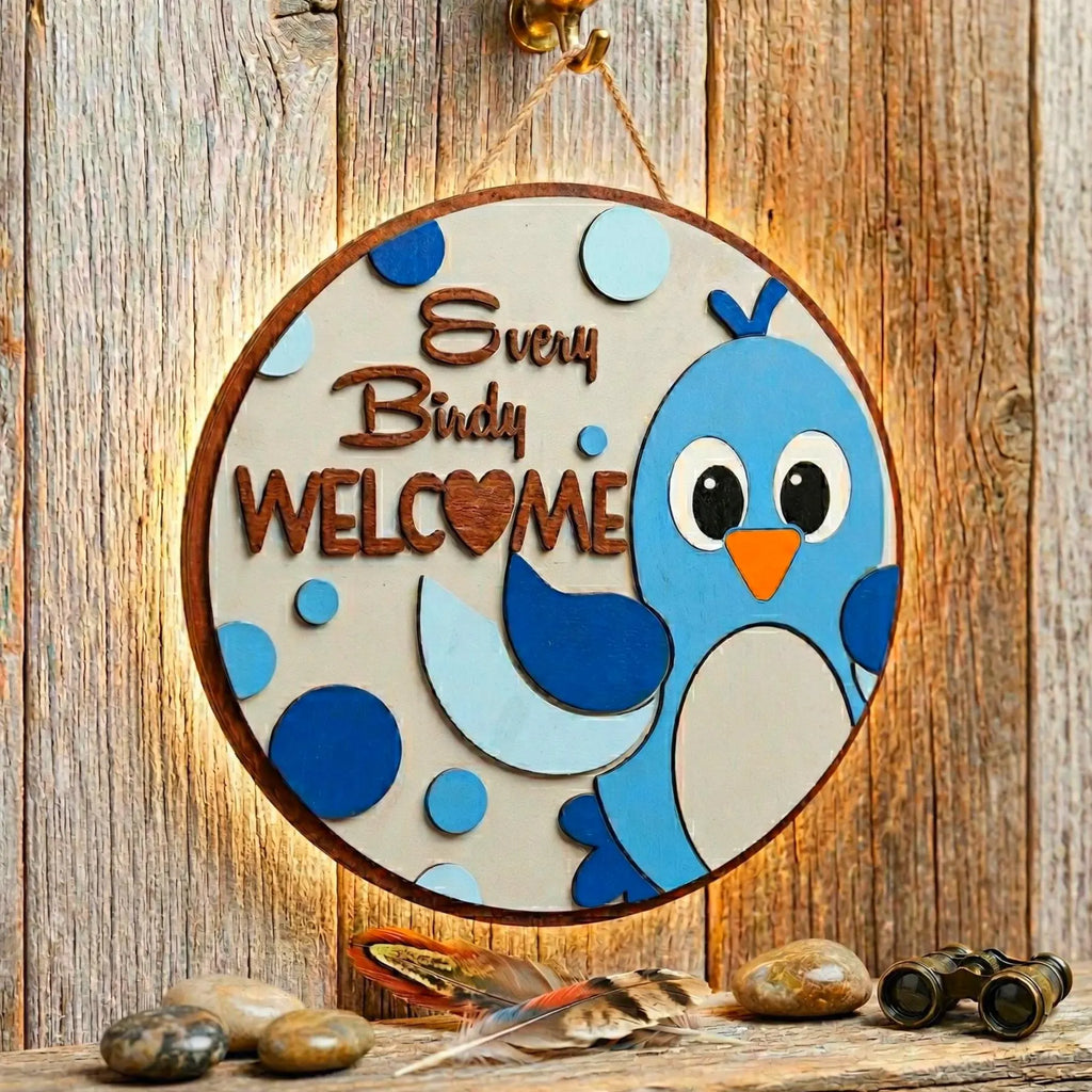 Every Birdy Welcome Sign | Spring Door Hanger | Layered Wooden Decor Handmade Wood Door Hanger