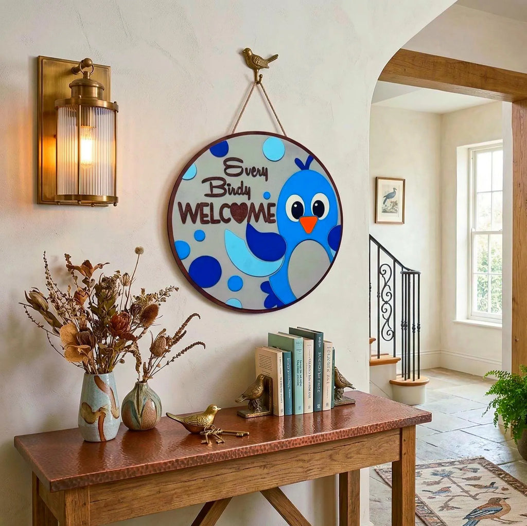 Every Birdy Welcome Sign | Spring Door Hanger | Layered Wooden Decor Handmade Wood Door Hanger