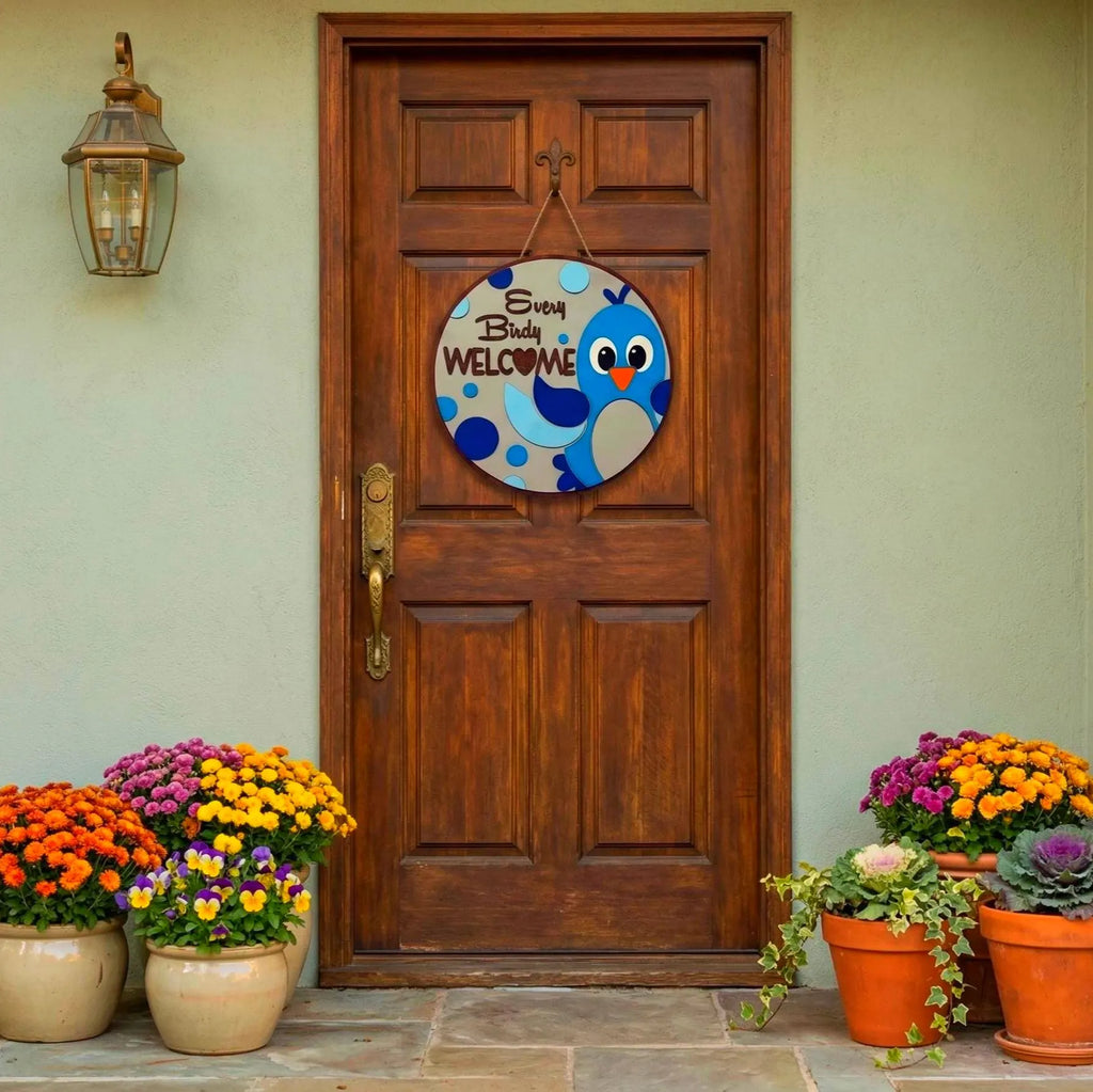 Every Birdy Welcome Sign | Spring Door Hanger | Layered Wooden Decor Handmade Wood Door Hanger