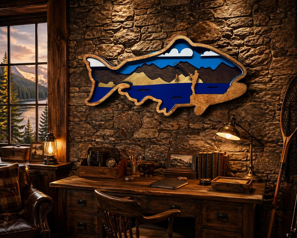 Fishing Wall Art Wooden Fish Sign | Lake House Decor | Rustic Cabin Wall Art | Fisherman Gift | Vibrant or Natural Finish Handmade 3D Wood Sign