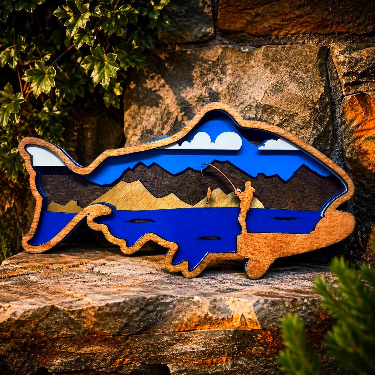 Fishing Wall Art Wooden Fish Sign | Lake House Decor | Rustic Cabin Wall Art | Fisherman Gift | Vibrant or Natural Finish Handmade 3D Wood Sign