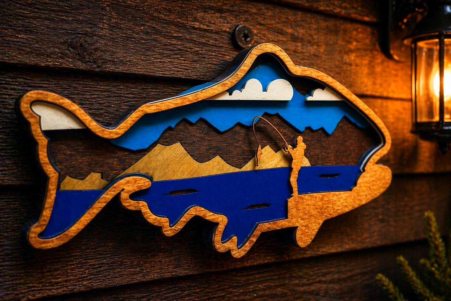 Fishing Wall Art Wooden Fish Sign | Lake House Decor | Rustic Cabin Wall Art | Fisherman Gift | Vibrant or Natural Finish Handmade 3D Wood Sign
