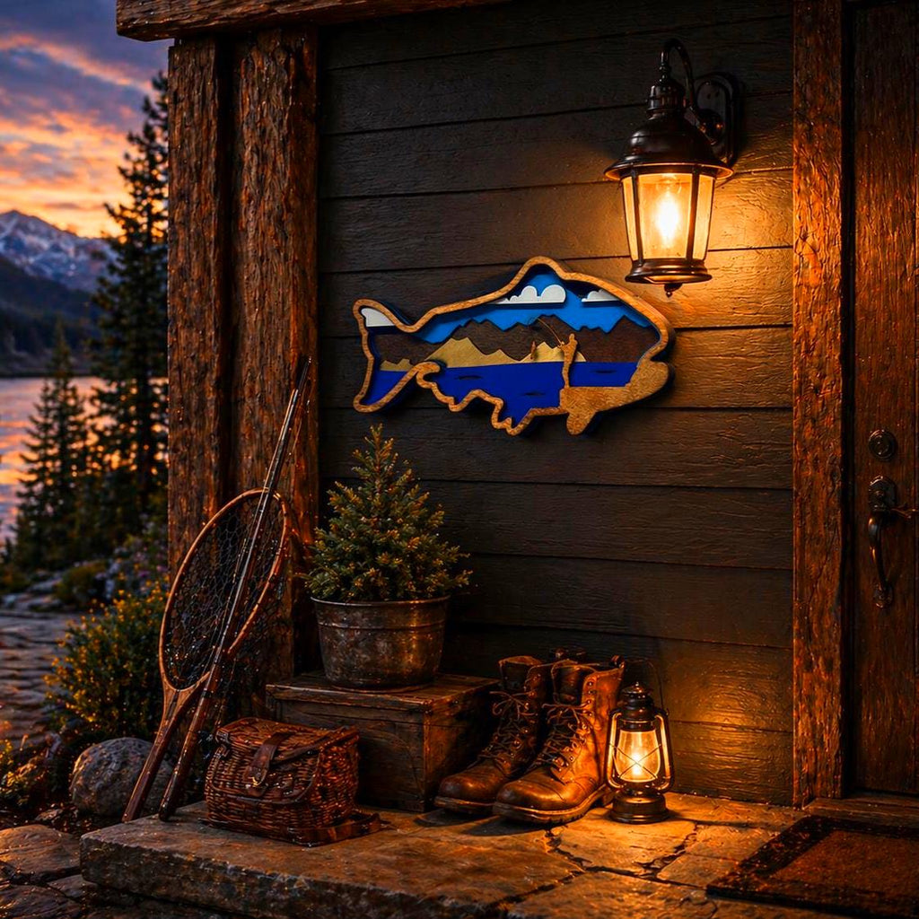 Fishing Wall Art Wooden Fish Sign | Lake House Decor | Rustic Cabin Wall Art | Fisherman Gift | Vibrant or Natural Finish Handmade 3D Wood Sign