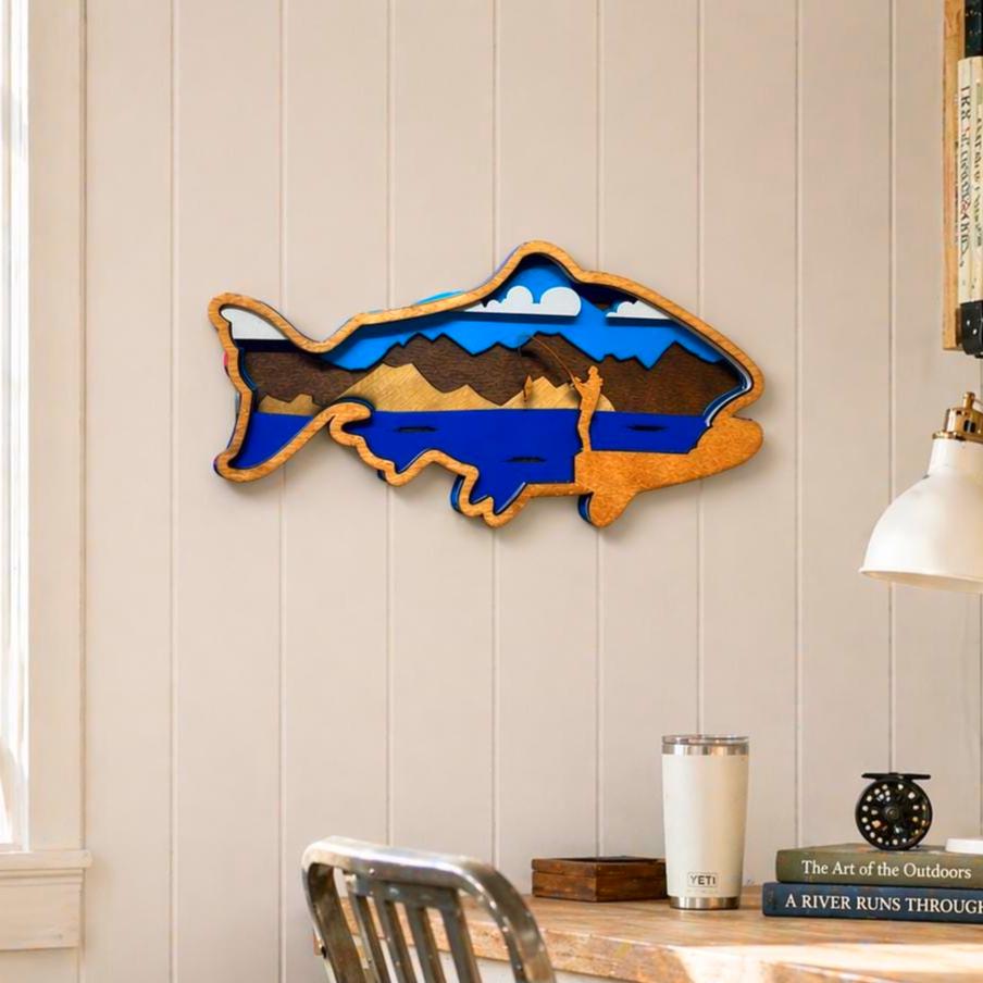 Fishing Wall Art Wooden Fish Sign | Lake House Decor | Rustic Cabin Wall Art | Fisherman Gift | Vibrant or Natural Finish Handmade 3D Wood Sign