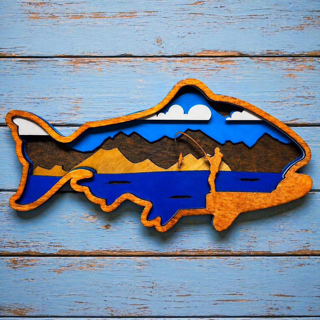 Fishing Wall Art Wooden Fish Sign | Lake House Decor | Rustic Cabin Wall Art | Fisherman Gift | Vibrant or Natural Finish Handmade 3D Wood Sign