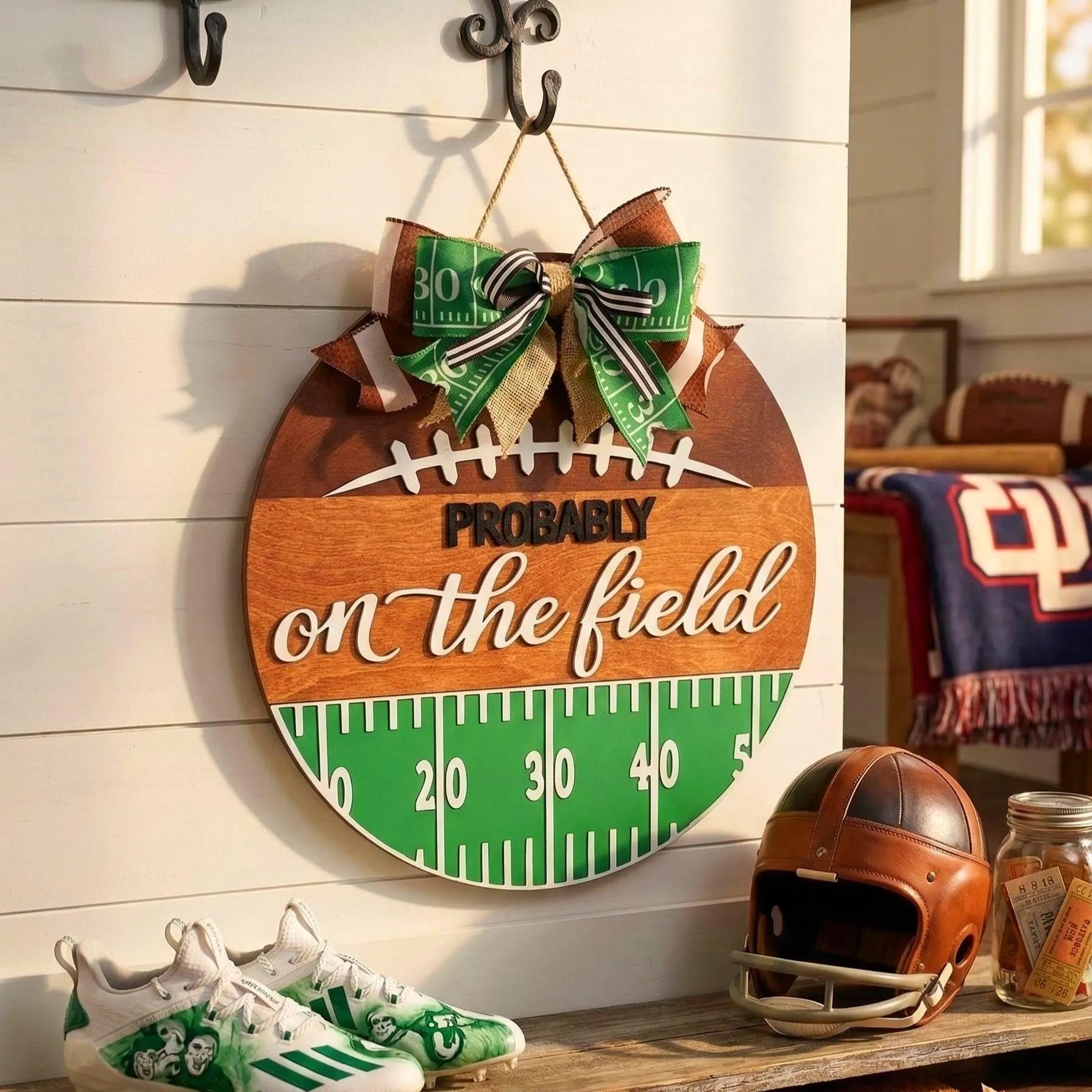 Football Wall Sign – “Probably On the Field” Decor - Handmade Layered Wood Sports Door Hanger