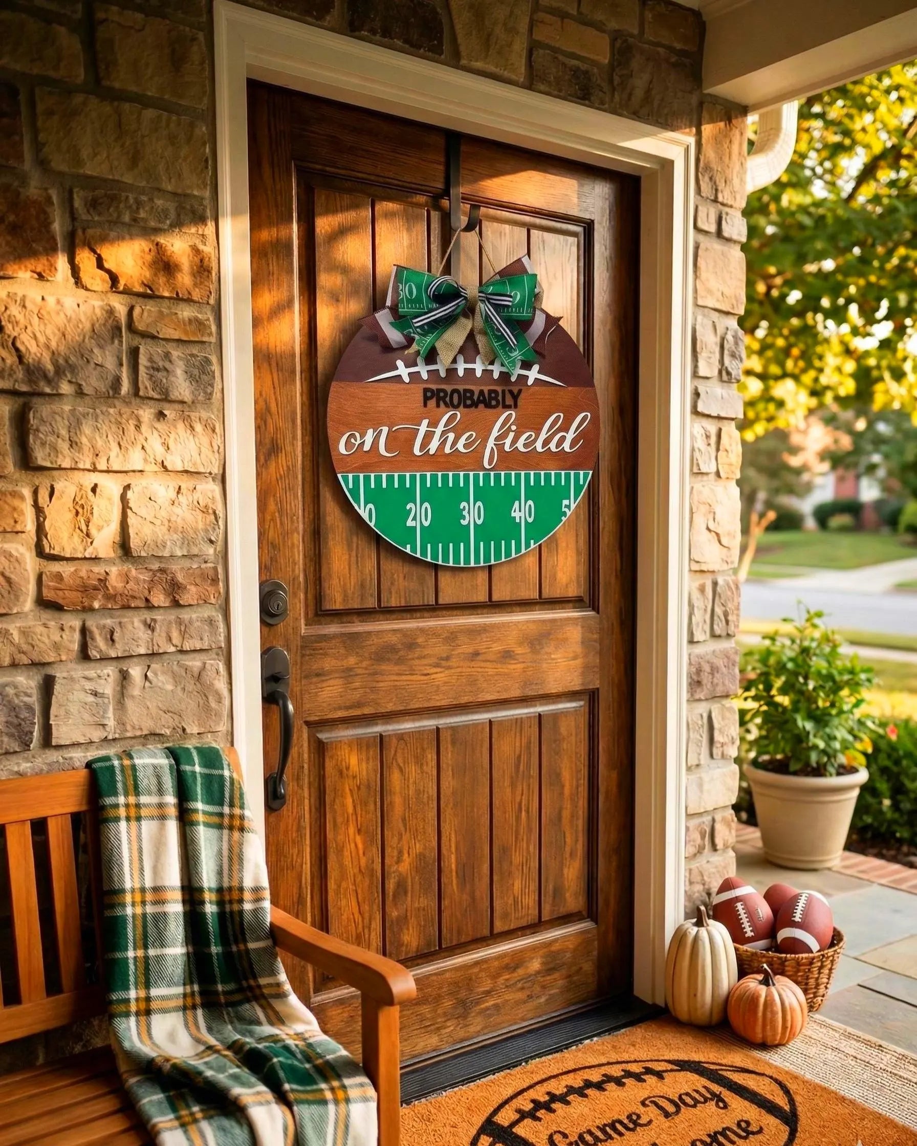 Football Wall Sign – “Probably On the Field” Decor - Handmade Layered Wood Sports Door Hanger