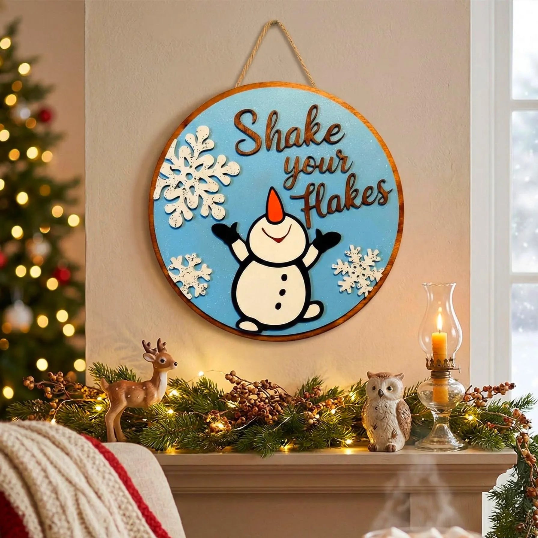 Shake Your Flakes Winter Sign – Round Wooden Snowman Decor – Layered Snowflake Door Hanger