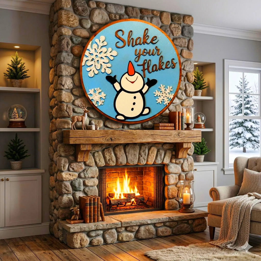 Shake Your Flakes Winter Sign – Round Wooden Snowman Decor – Layered Snowflake Door Hanger