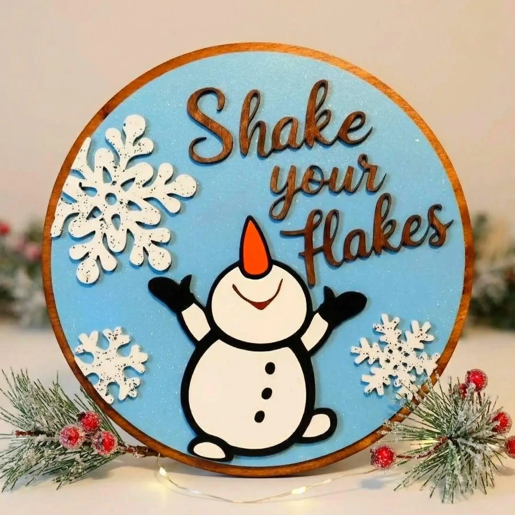 Shake Your Flakes Winter Sign – Round Wooden Snowman Decor – Layered Snowflake Door Hanger
