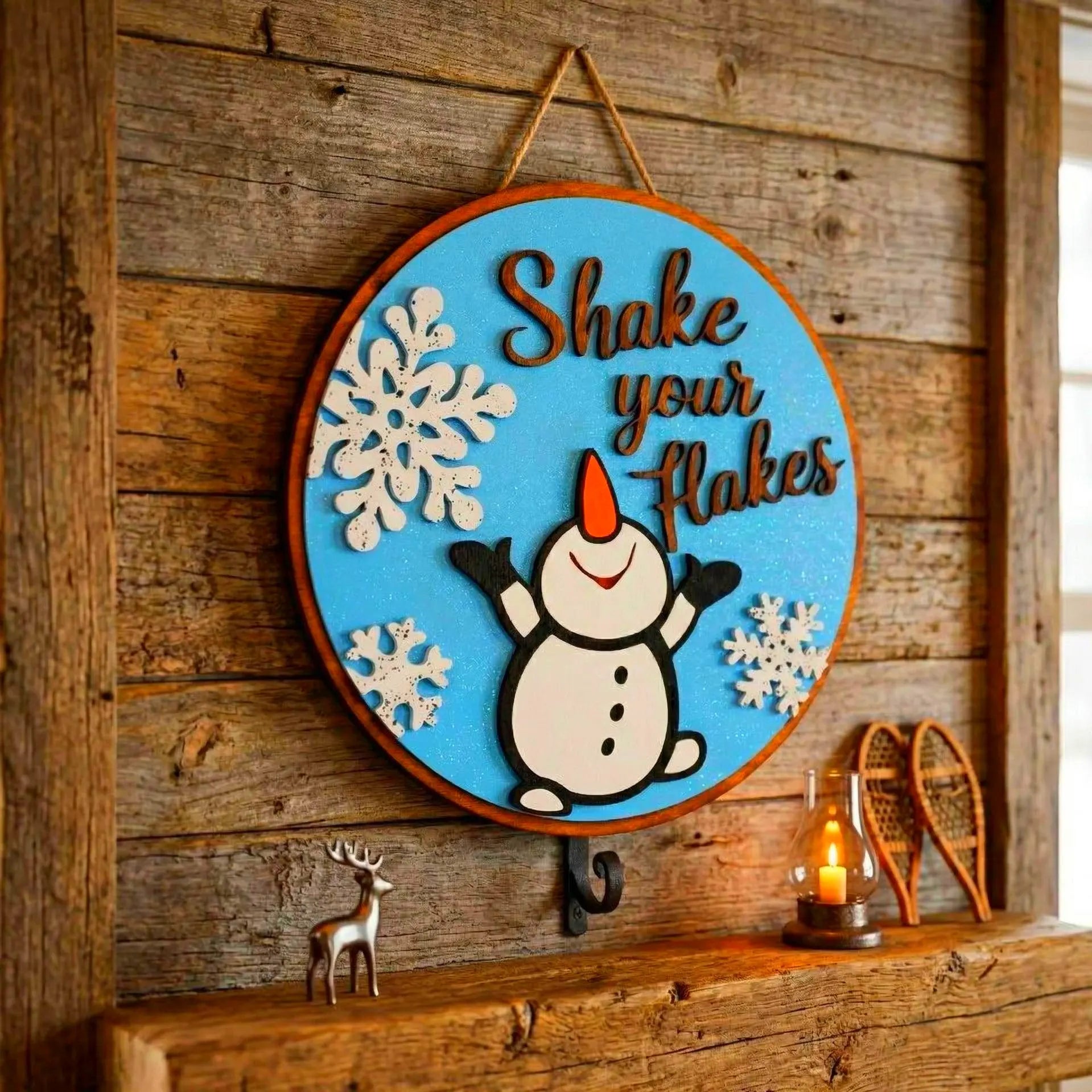 Shake Your Flakes Winter Sign – Round Wooden Snowman Decor – Layered Snowflake Door Hanger