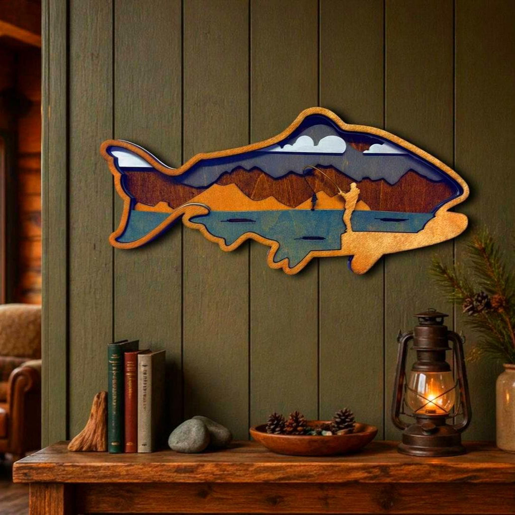 Fishing Wall Art Wooden Fish Sign | Lake House Decor | Rustic Cabin Wall Art | Fisherman Gift | Vibrant or Natural Finish Handmade 3D Wood Sign