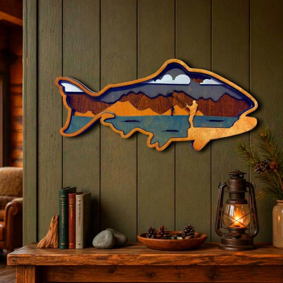 Fishing Wall Art Wooden Fish Sign | Lake House Decor | Rustic Cabin Wall Art | Fisherman Gift | Vibrant or Natural Finish Handmade 3D Wood Sign