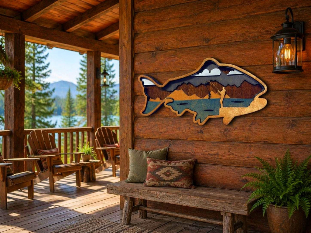 Fishing Wall Art Wooden Fish Sign | Lake House Decor | Rustic Cabin Wall Art | Fisherman Gift | Vibrant or Natural Finish Handmade 3D Wood Sign