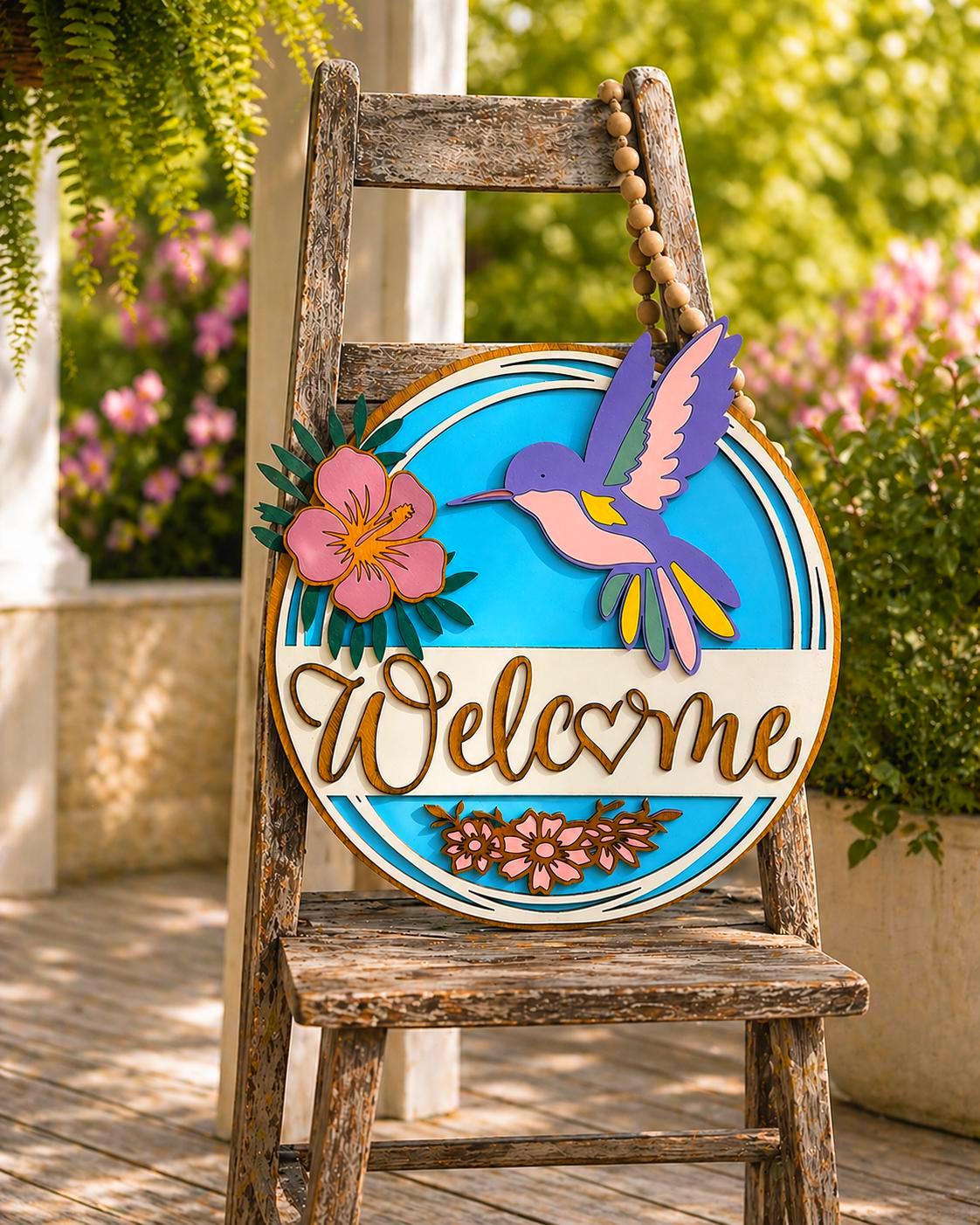 3D Hummingbird & Hibiscus Welcome Sign Handmade Wood Door Hanger