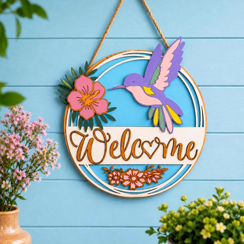 3D Hummingbird & Hibiscus Welcome Sign Handmade Wood Door Hanger