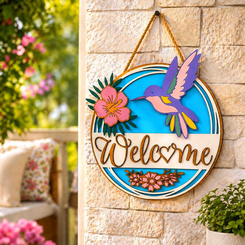 3D Hummingbird & Hibiscus Welcome Sign Handmade Wood Door Hanger