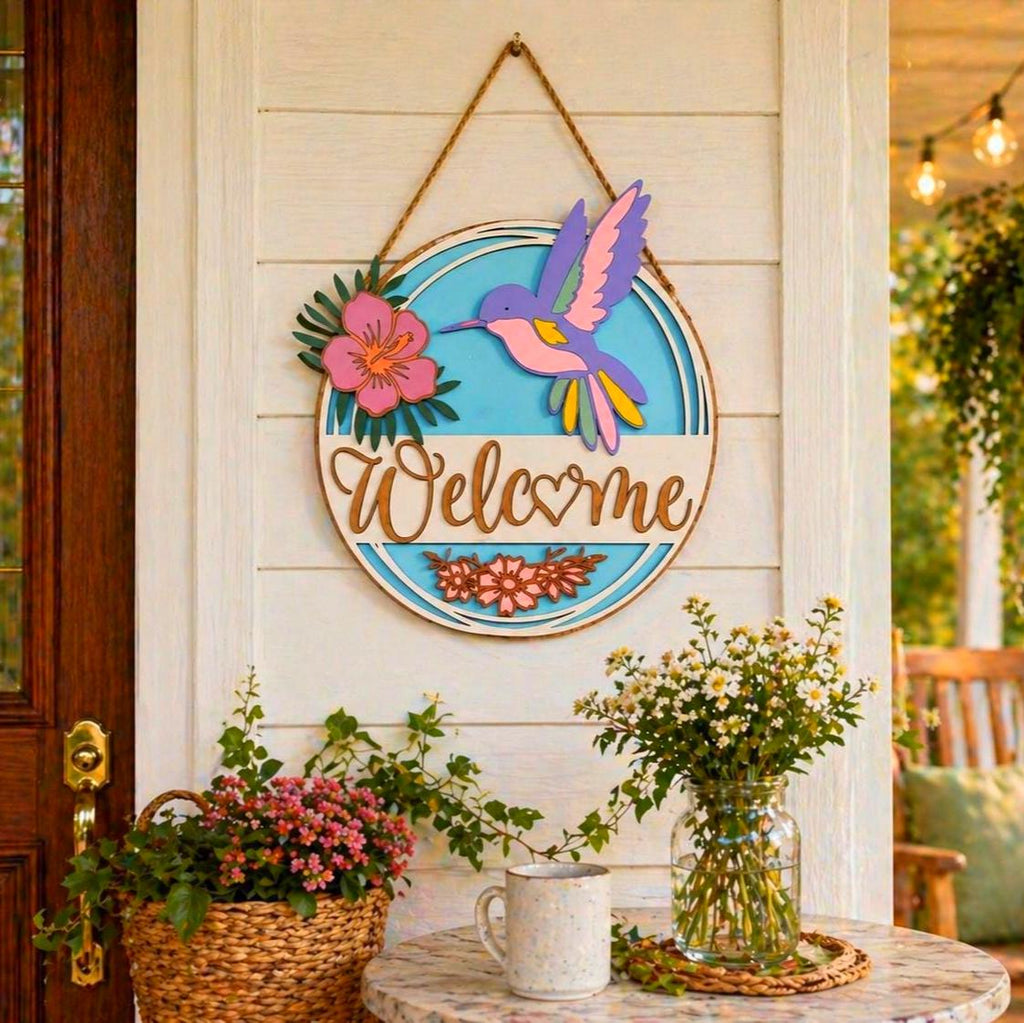 3D Hummingbird & Hibiscus Welcome Sign Handmade Wood Door Hanger