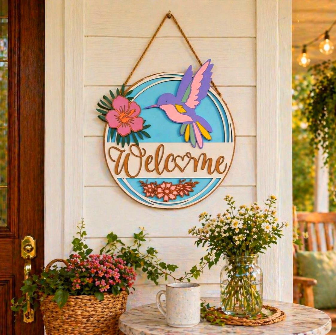 3D Hummingbird & Hibiscus Welcome Sign Handmade Wood Door Hanger