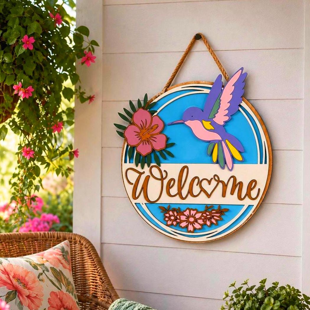 3D Hummingbird & Hibiscus Welcome Sign Handmade Wood Door Hanger