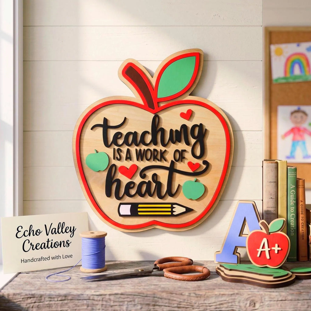 Teaching Is a Work of Heart | 3D Wood Apple Sign Handmade 3D Wood Sign