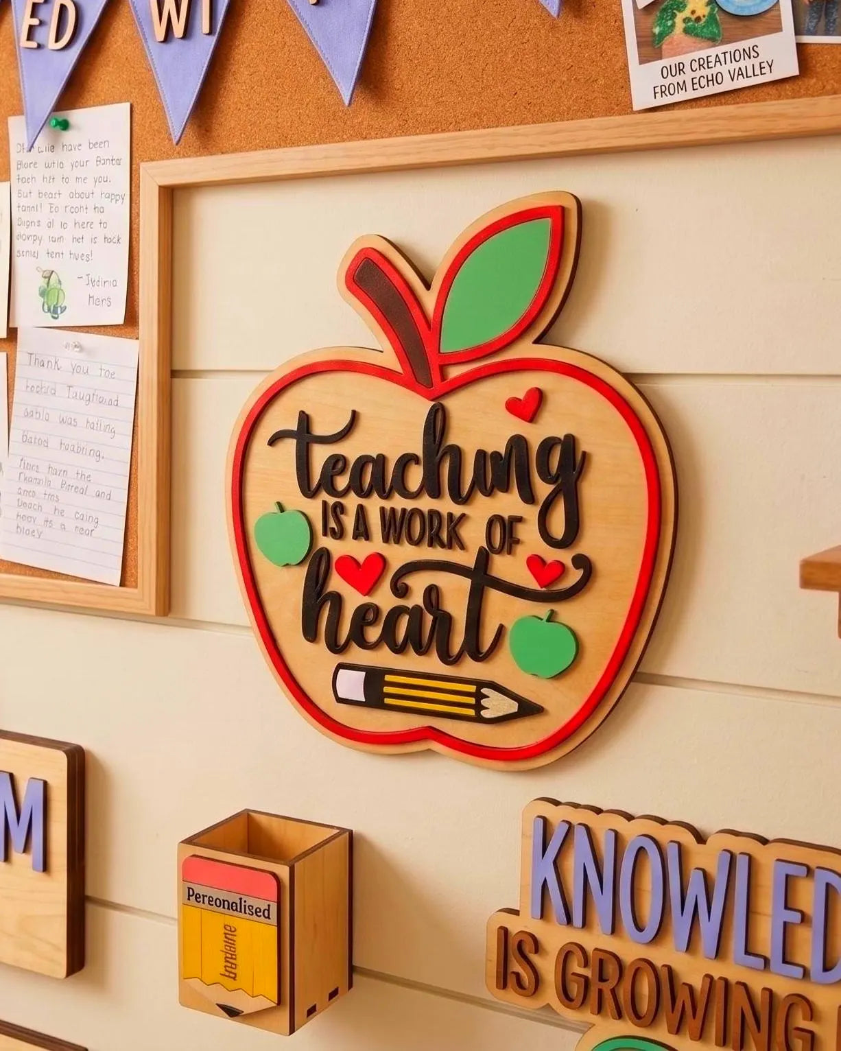 Teaching Is a Work of Heart | 3D Wood Apple Sign Handmade 3D Wood Sign