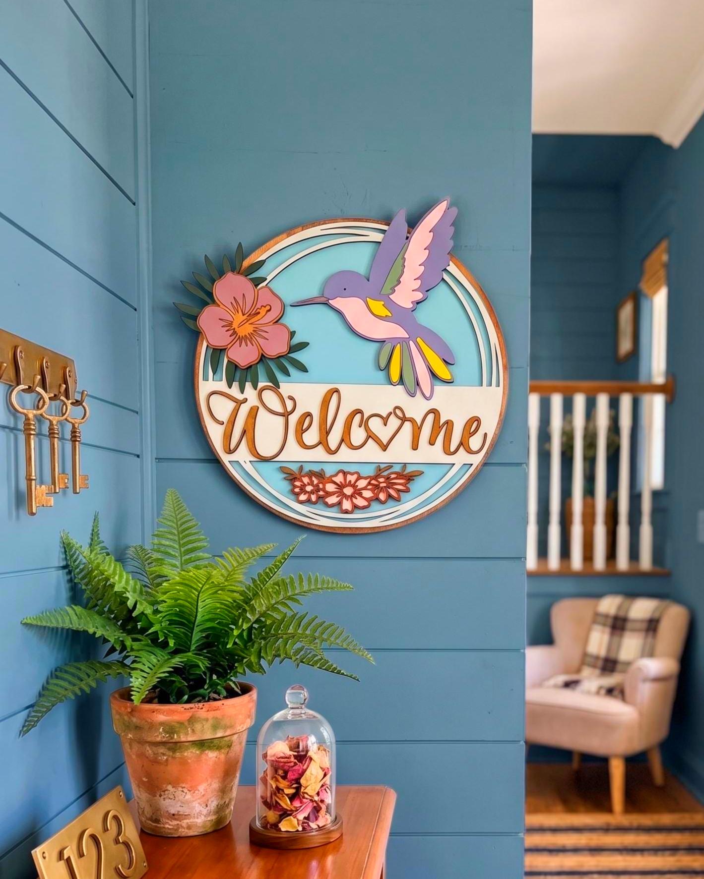 3D Hummingbird & Hibiscus Welcome Sign Handmade Wood Door Hanger