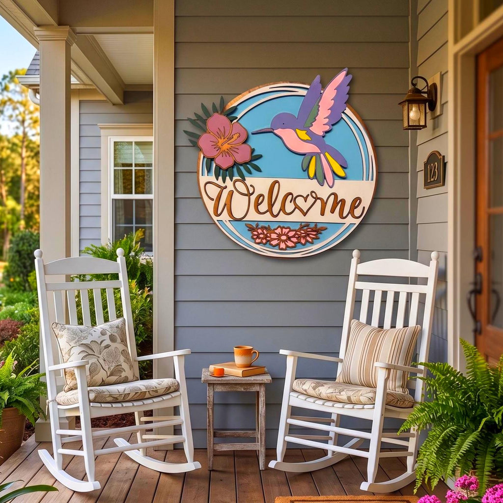 3D Hummingbird & Hibiscus Welcome Sign Handmade Wood Door Hanger