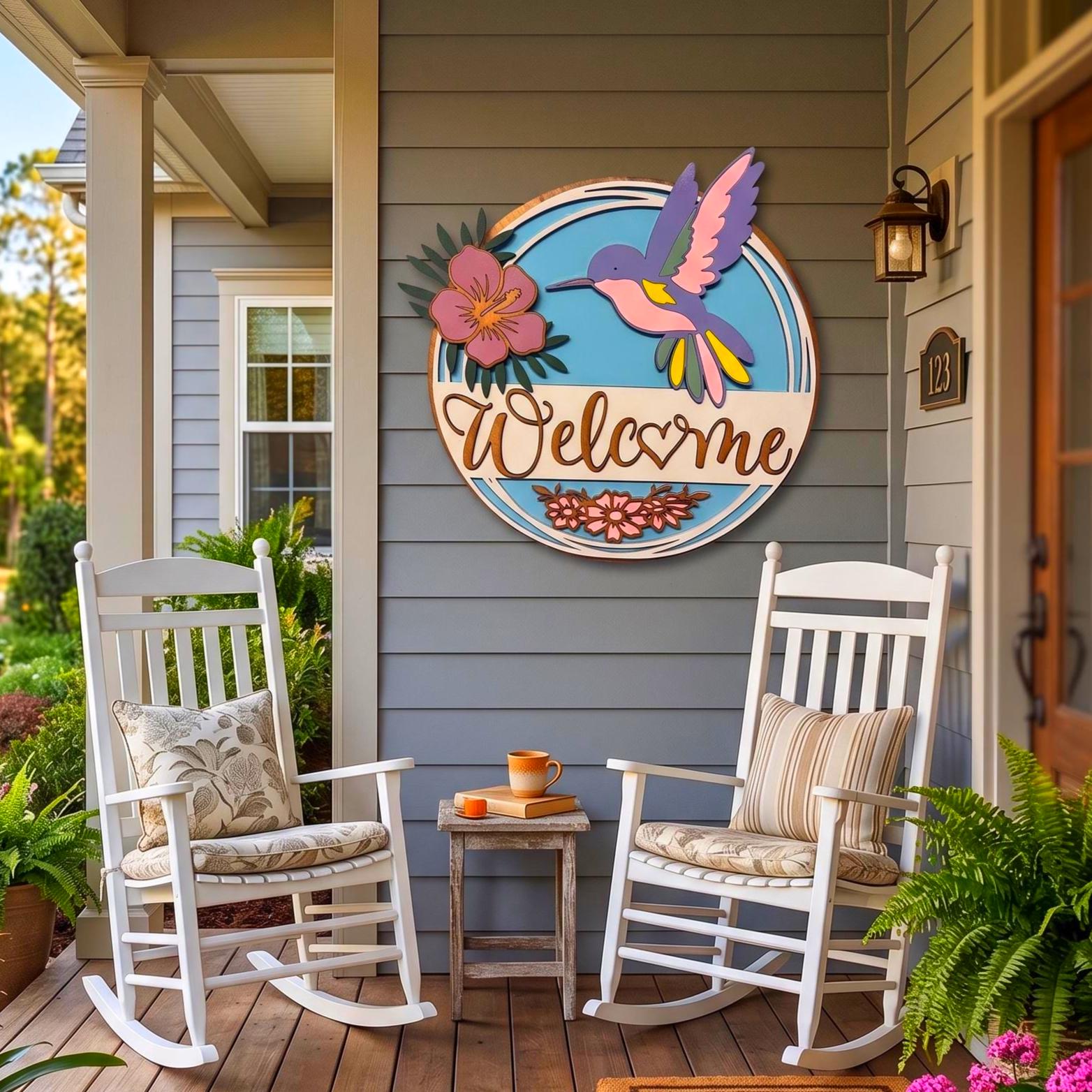 3D Hummingbird & Hibiscus Welcome Sign Handmade Wood Door Hanger