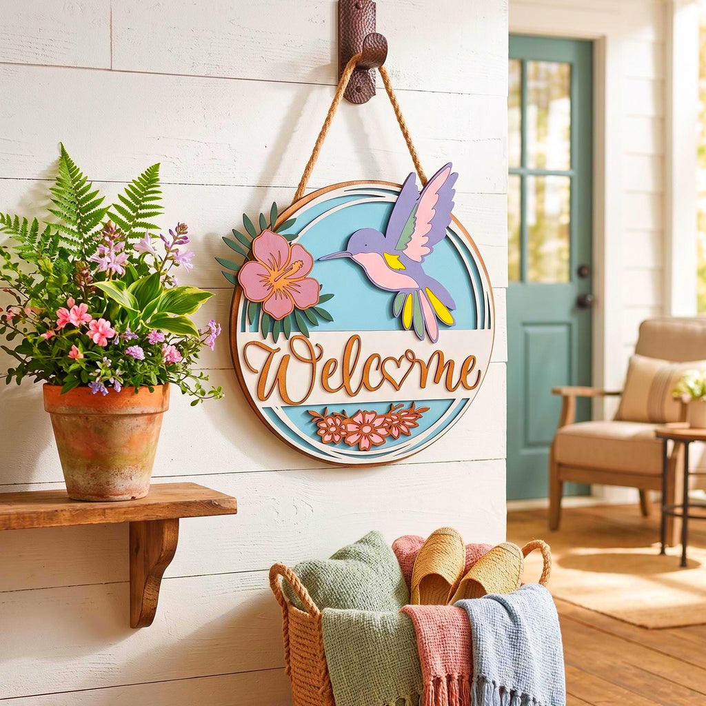 3D Hummingbird & Hibiscus Welcome Sign Handmade Wood Door Hanger
