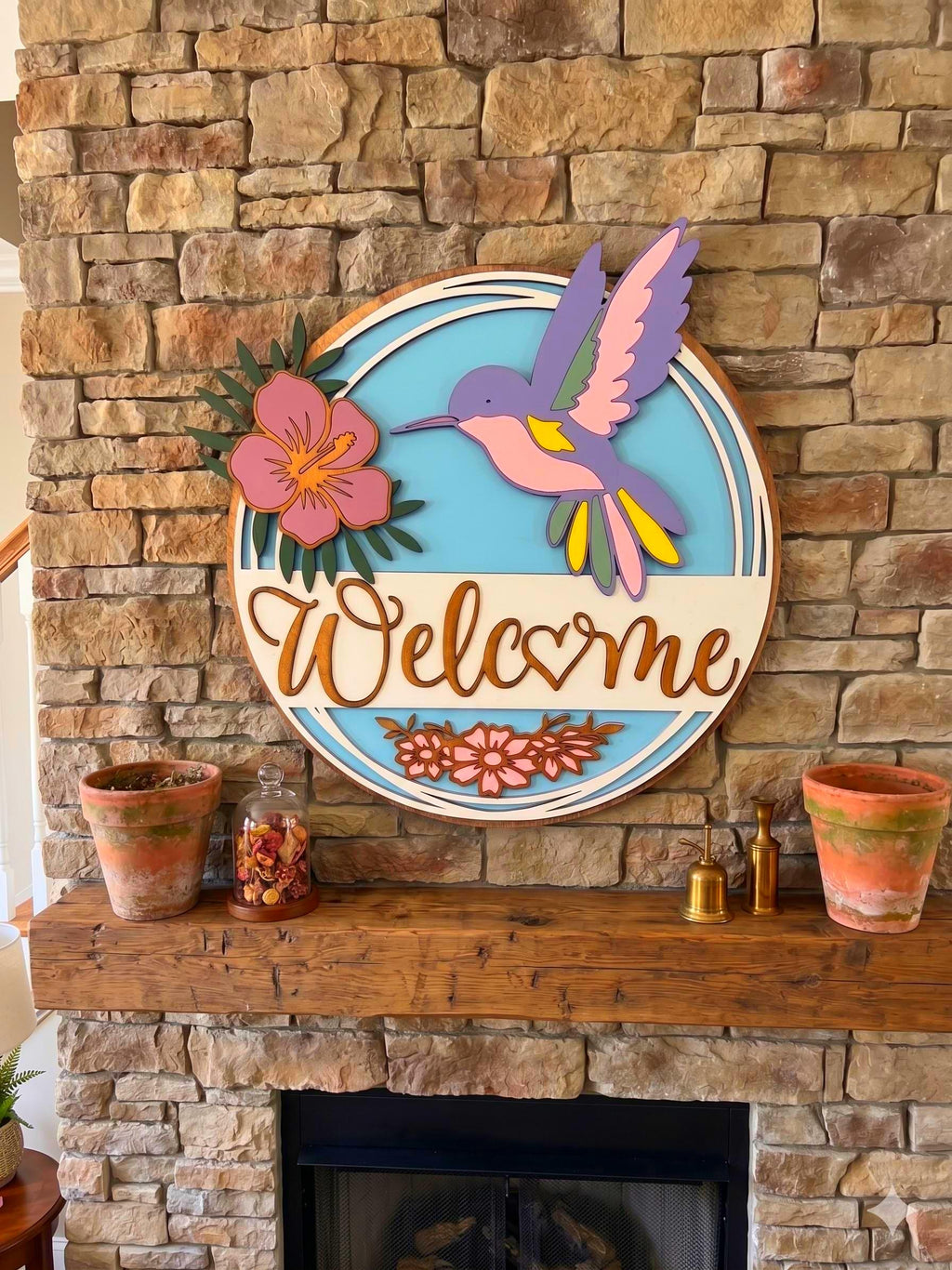 3D Hummingbird & Hibiscus Welcome Sign Handmade Wood Door Hanger