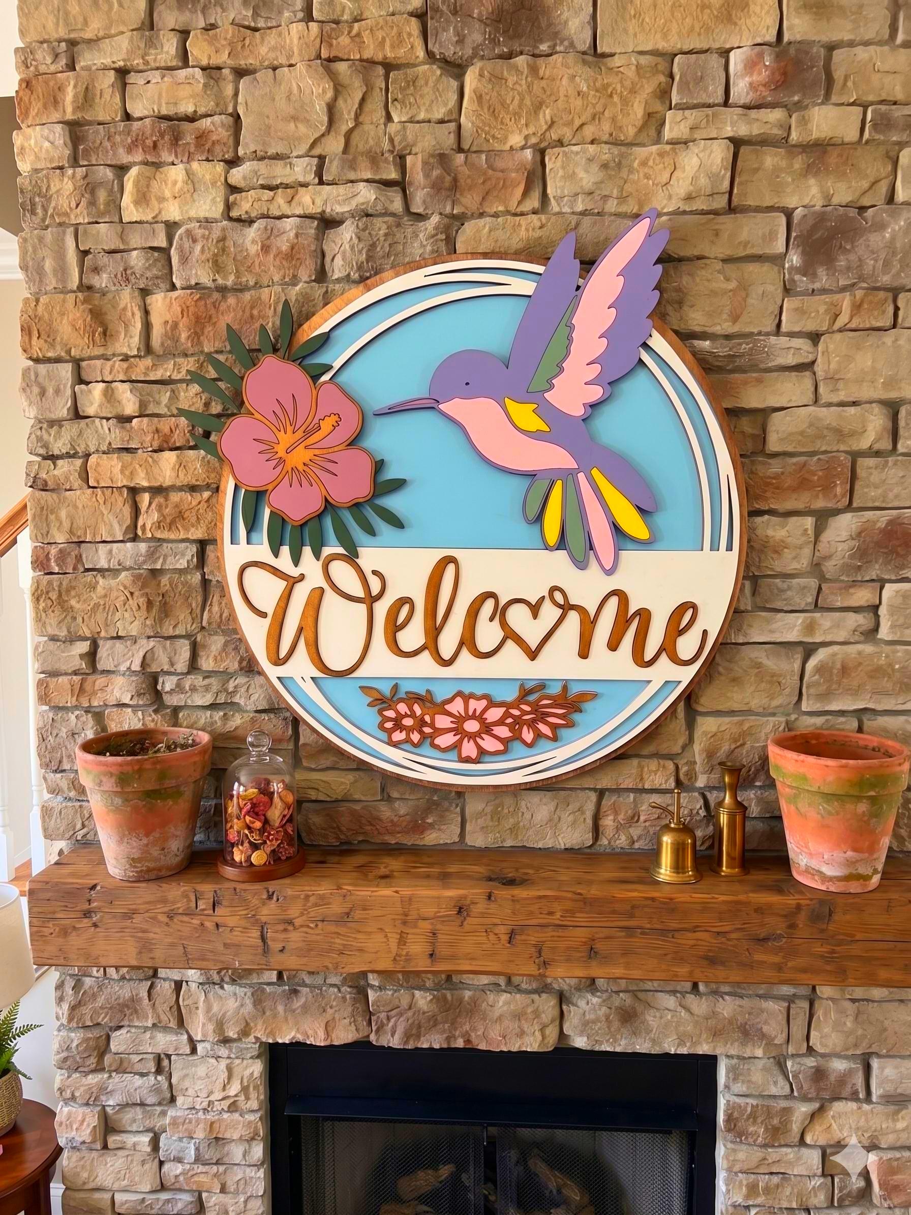 3D Hummingbird & Hibiscus Welcome Sign Handmade Wood Door Hanger